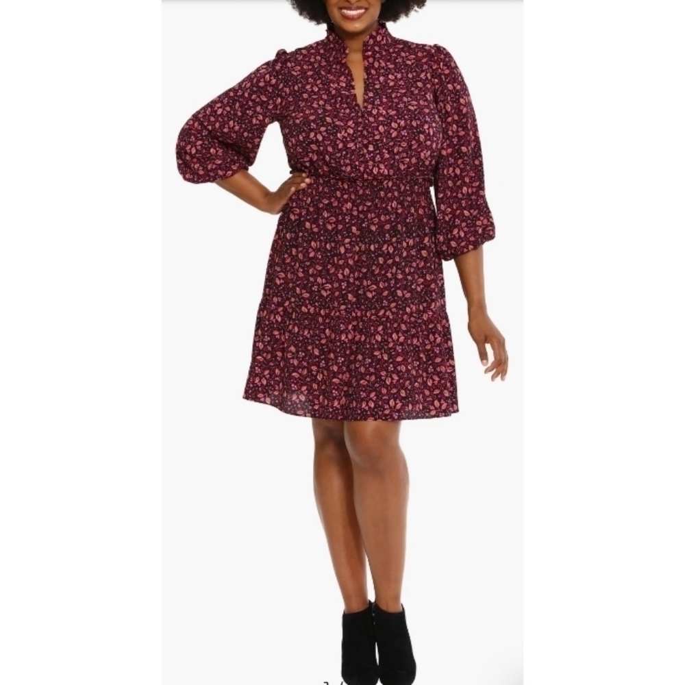 London Times Smocked Tiered Dress Black Pink Floral Size 6 NWT
